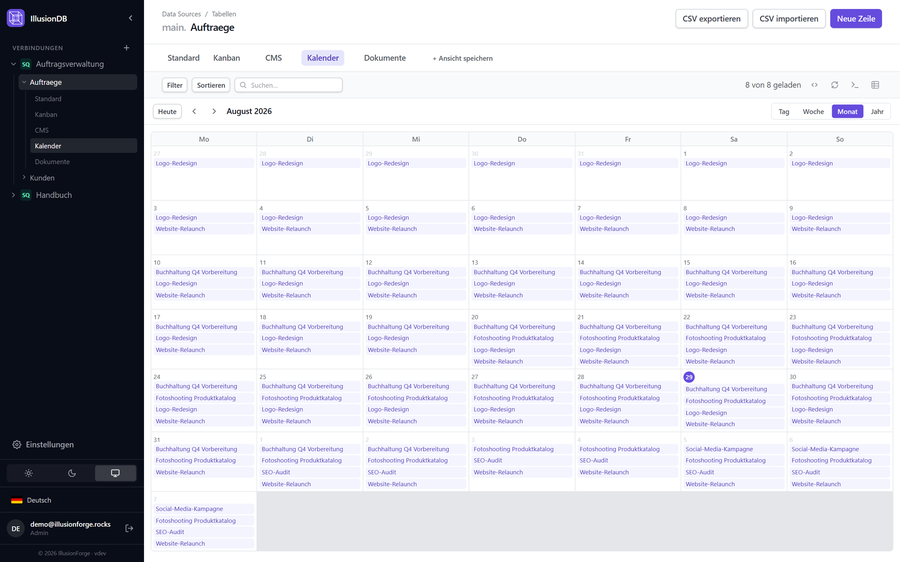 Kalender-Monatsansicht mit Aufträgen als Zeitbalken