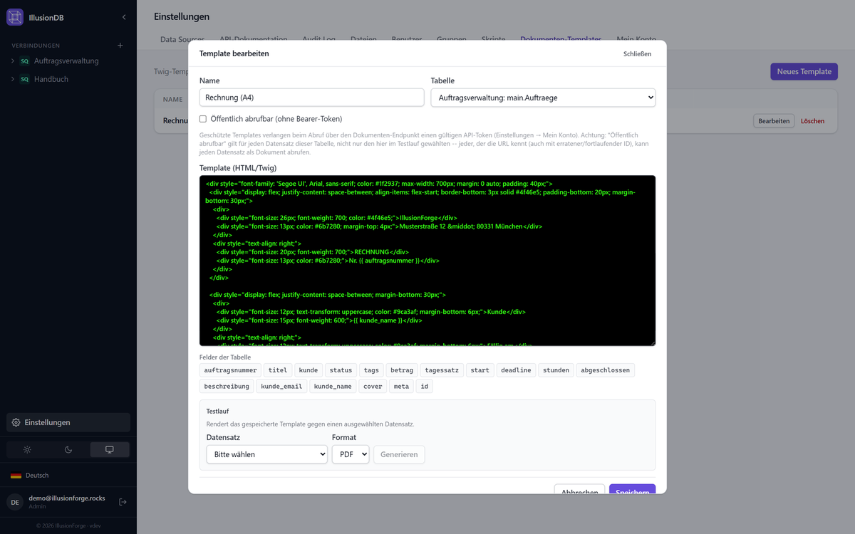 Dokumenten-Template-Editor mit HTML/Twig-Vorlage einer Rechnung und Feld-Wolke