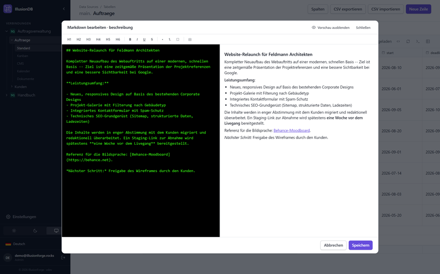 Markdown-Editor mit Formatierungs-Toolbar über einem Datensatz-Formular