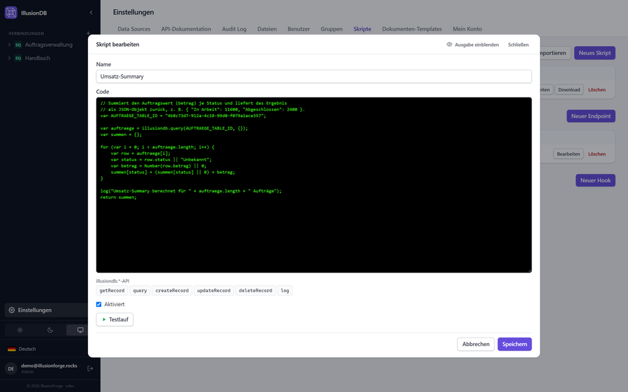 Script-Editor mit einem JavaScript-Custom-Endpoint
