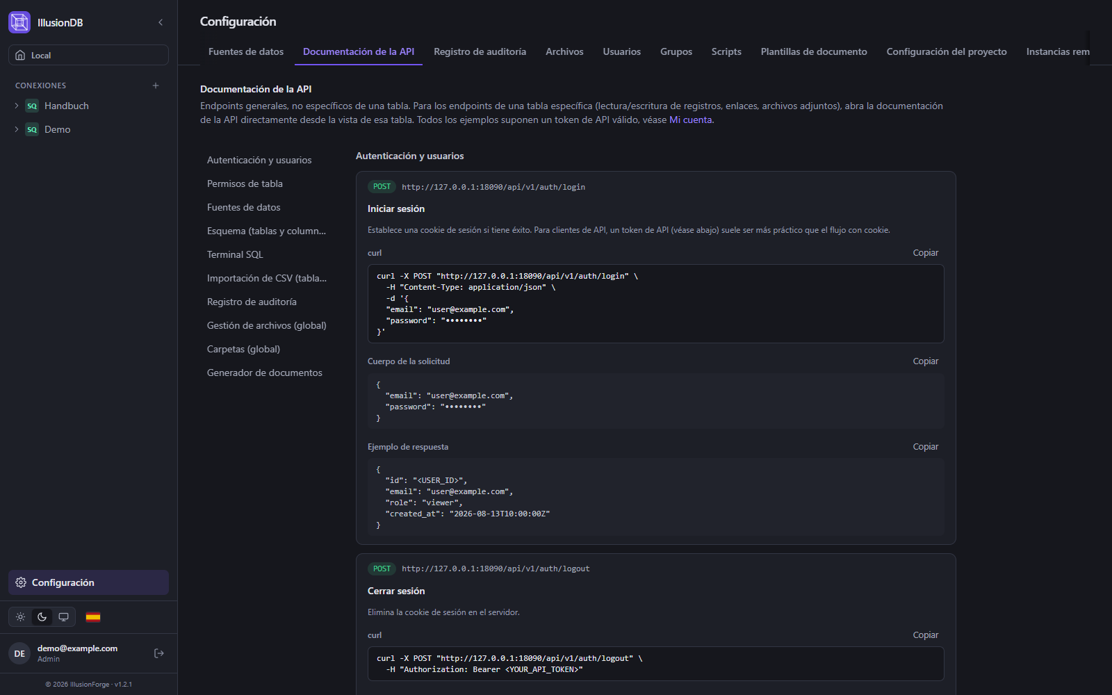 Documentación de la API REST en IllusionDB con ejemplos de curl