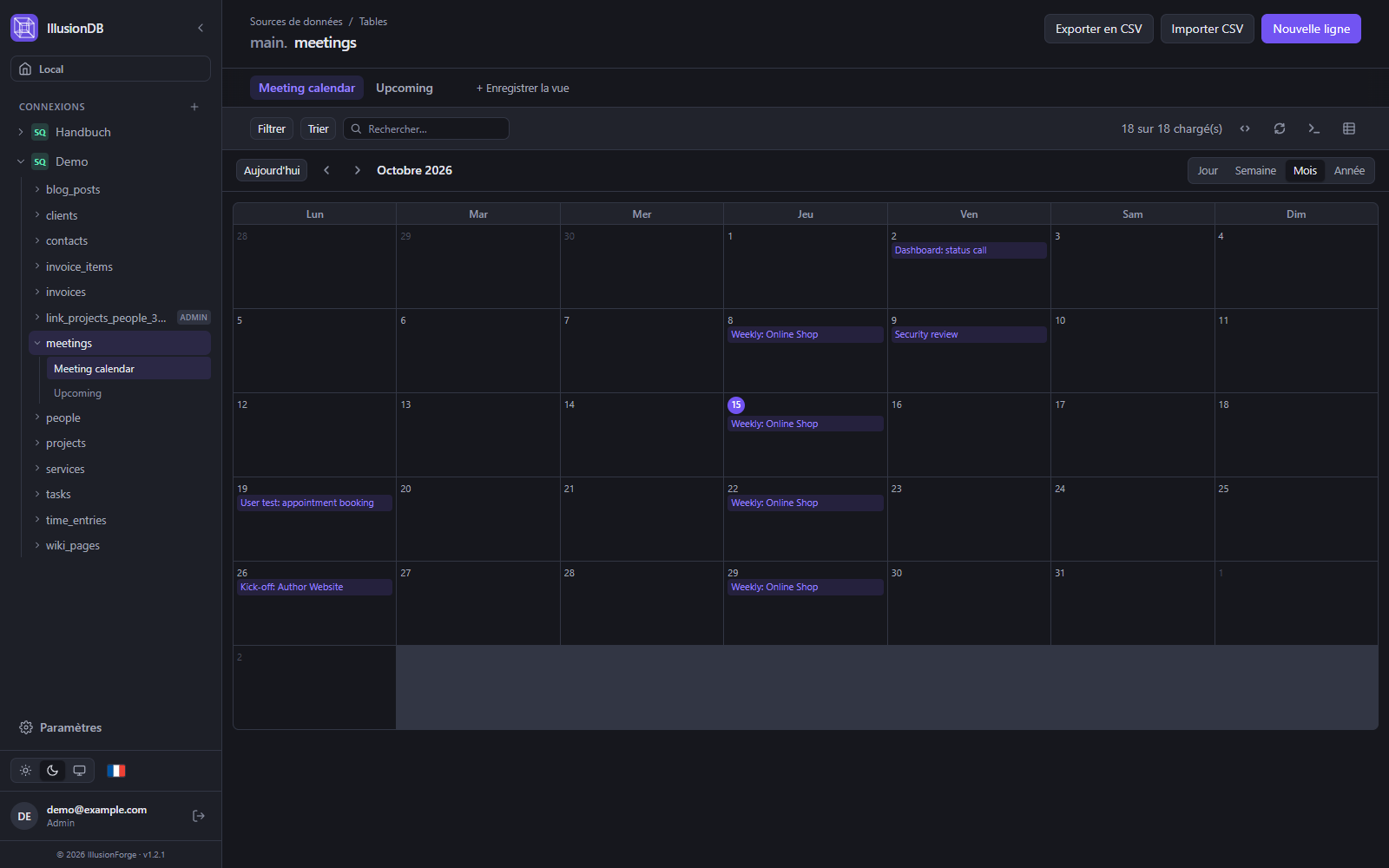 Vue calendrier d’IllusionDB : réunions du mois à partir d’un champ date
