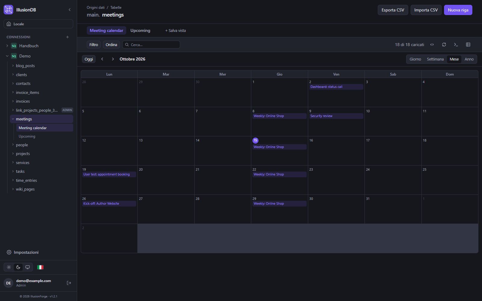Vista calendario di IllusionDB: riunioni del mese da un campo data