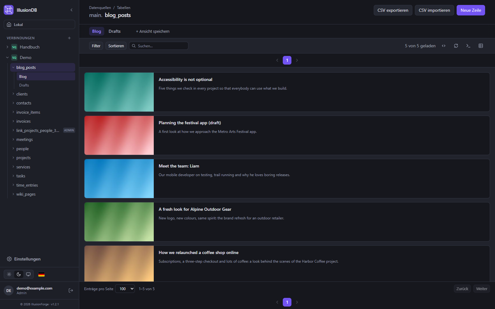 IllusionDB-CMS-Ansicht: Blogartikel als Karten mit Bild, Titel und Teaser