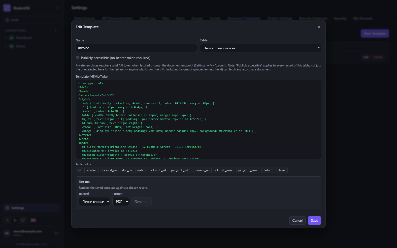 IllusionDB document generator: editing an invoice template in HTML with placeholders
