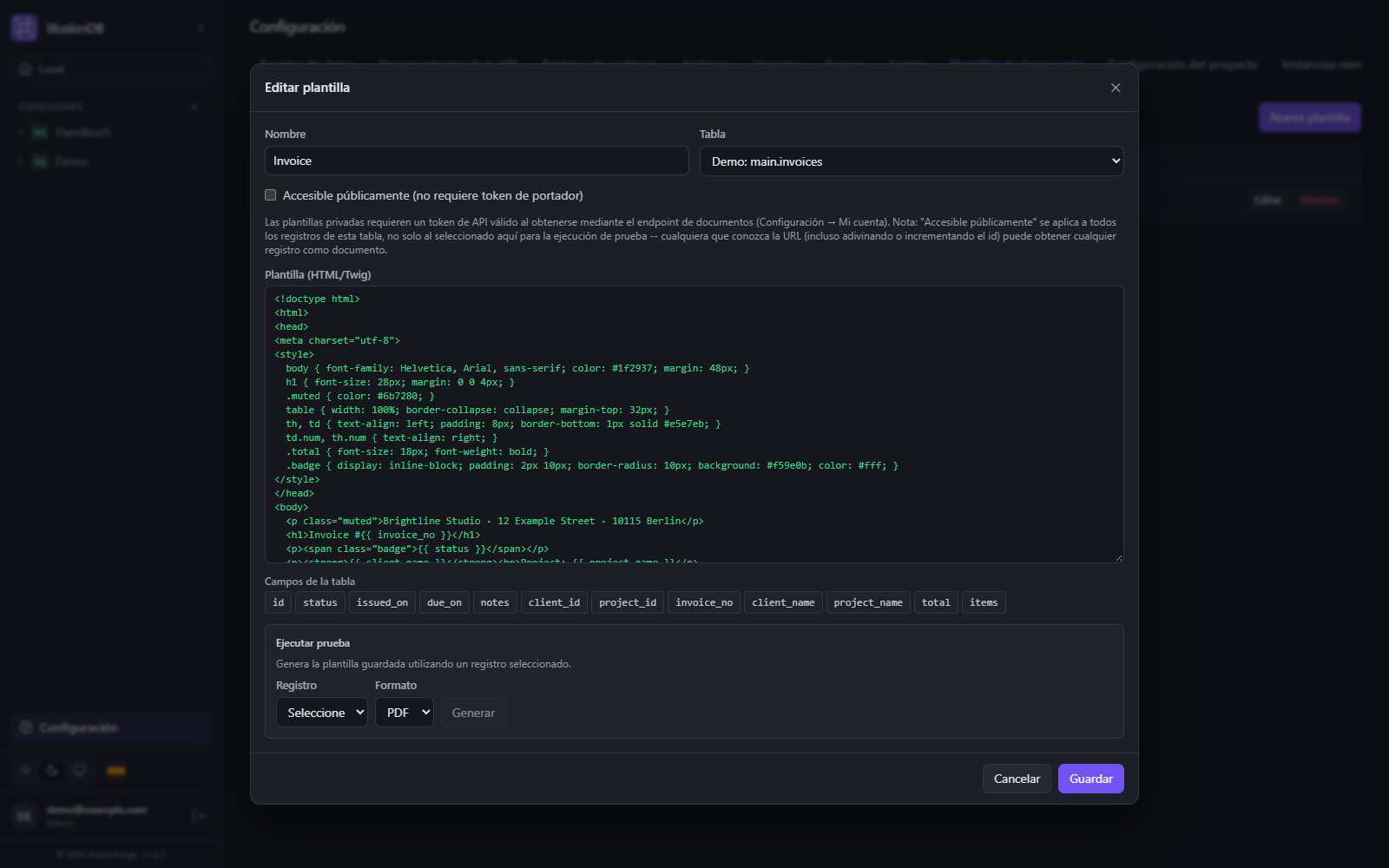 Generador de documentos de IllusionDB: edición de una plantilla de factura en HTML