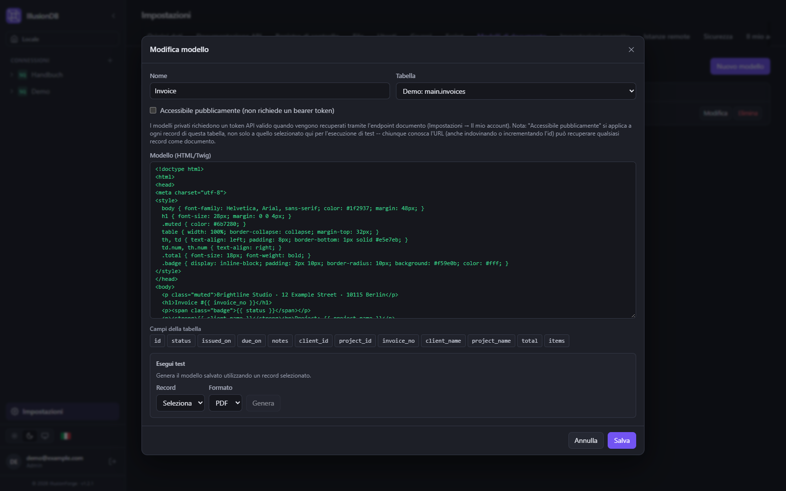 Generatore di documenti di IllusionDB: modifica di un modello di fattura in HTML