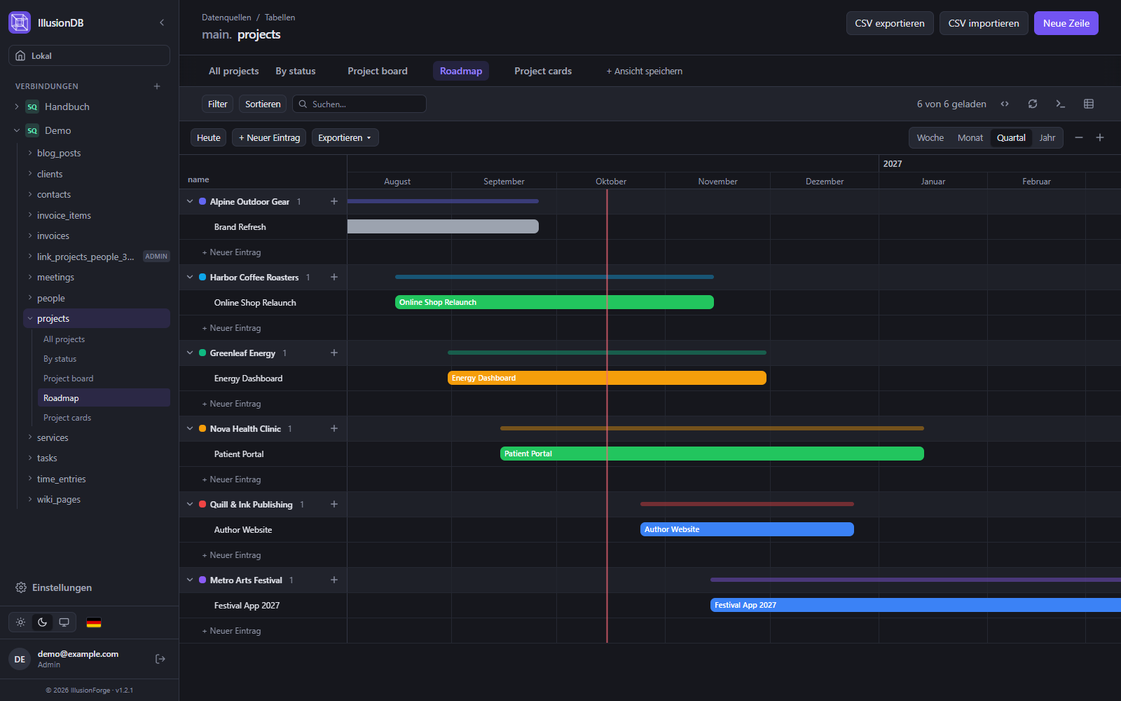 IllusionDB-Gantt-Ansicht: Projekt-Roadmap mit Balken je Kunde über mehrere Monate