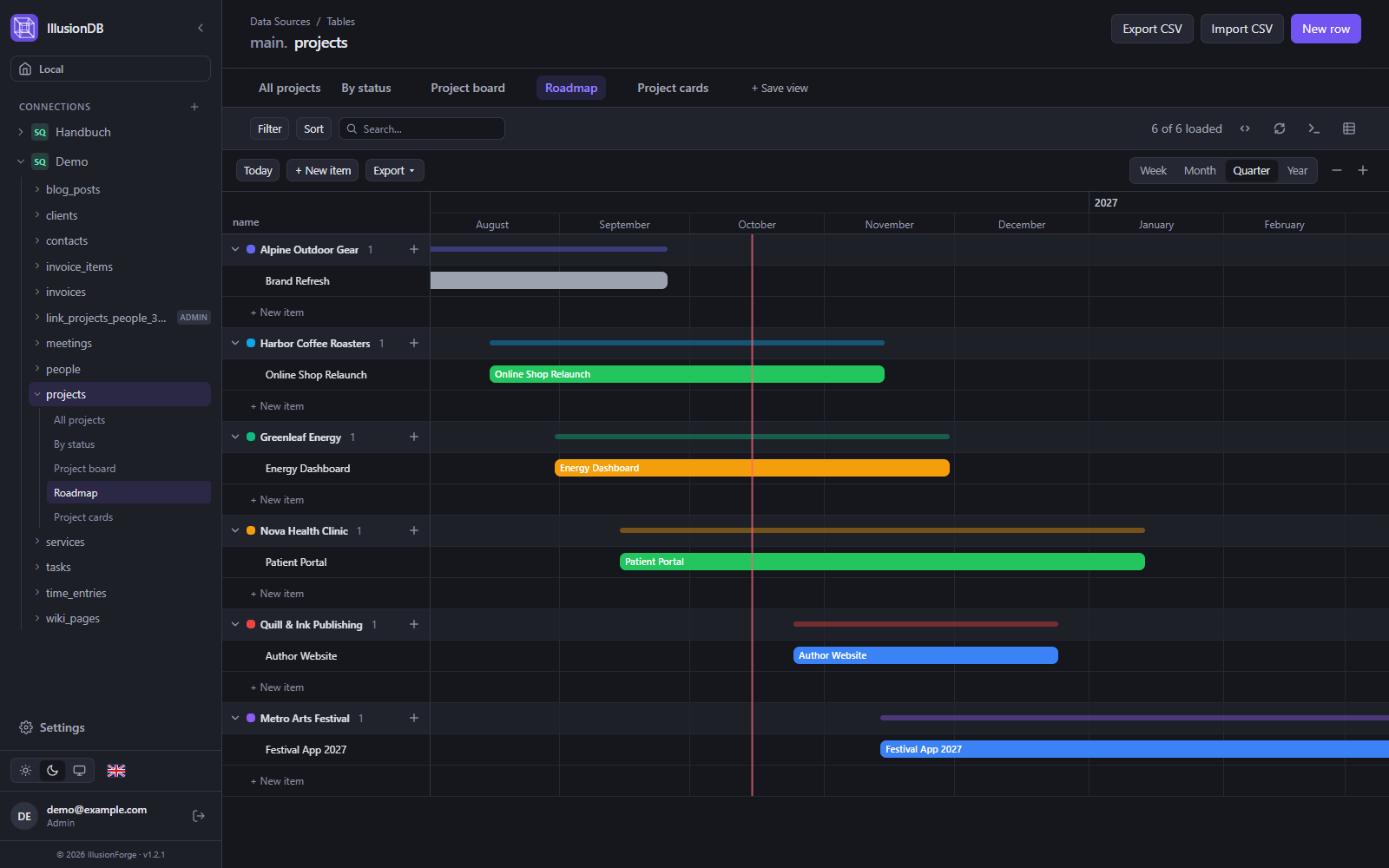 IllusionDB Gantt view: project roadmap with bars per client over several months