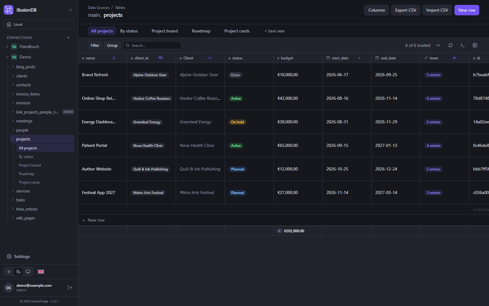 IllusionDB grid view: projects table with clients, status, budget and dates like a spreadsheet