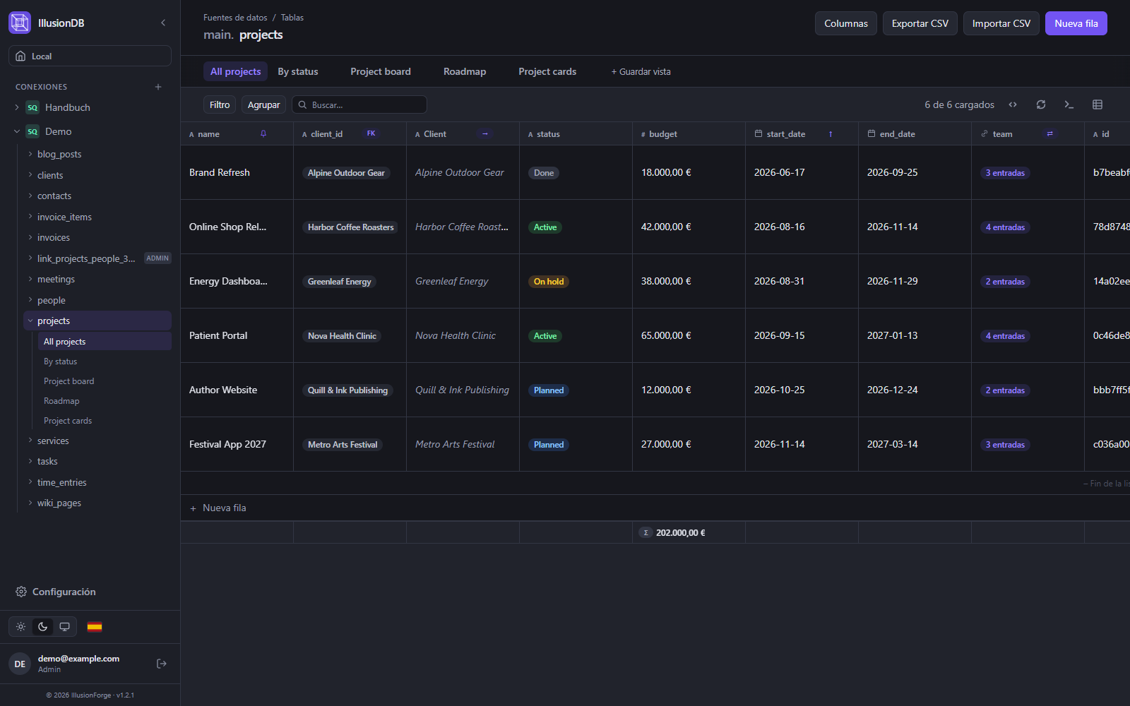 Vista de cuadrícula de IllusionDB: tabla de proyectos con clientes, estado, presupuesto y fechas como en una hoja de cálculo