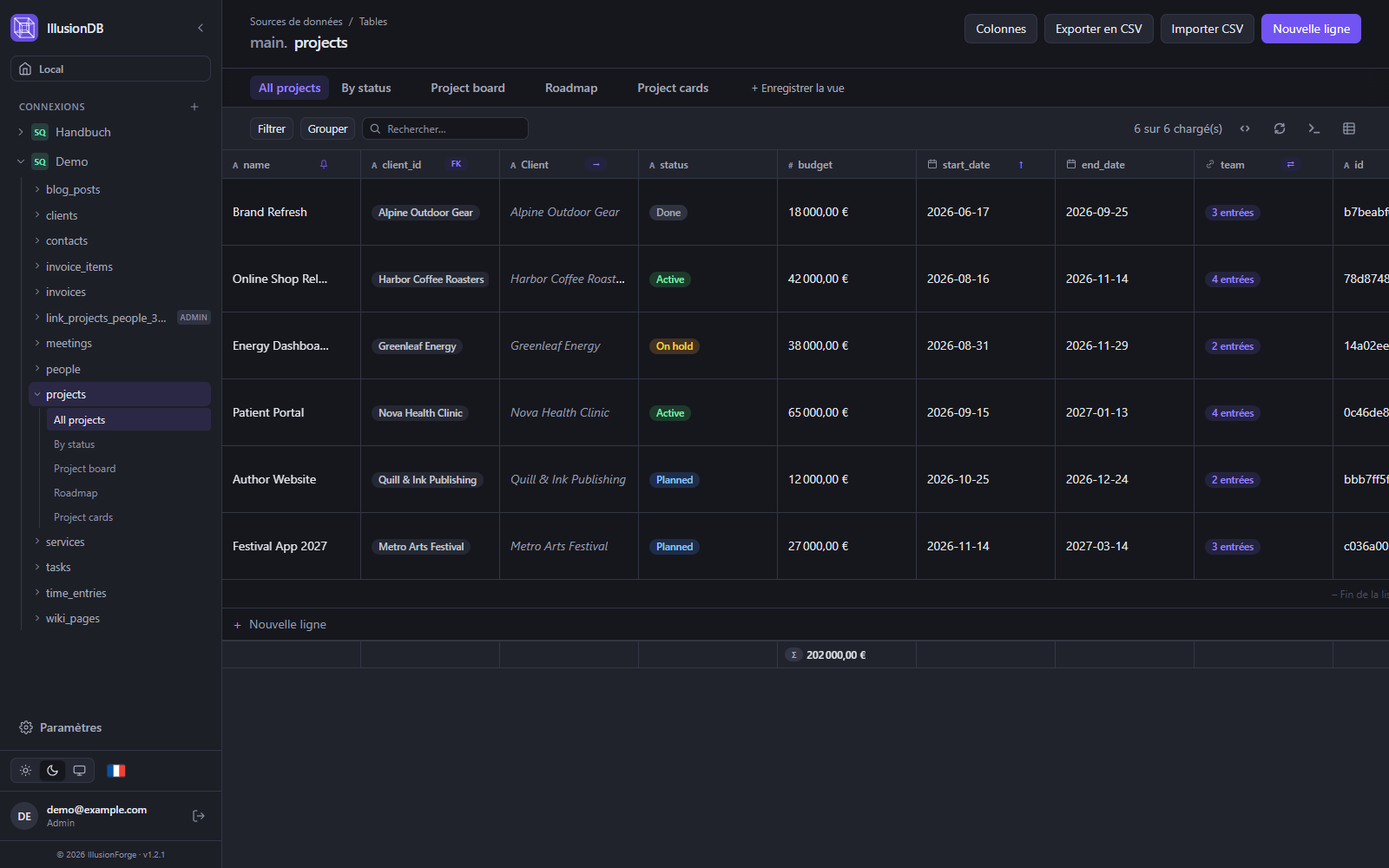 Vue grille d’IllusionDB : table des projets avec clients, statut, budget et dates façon tableur