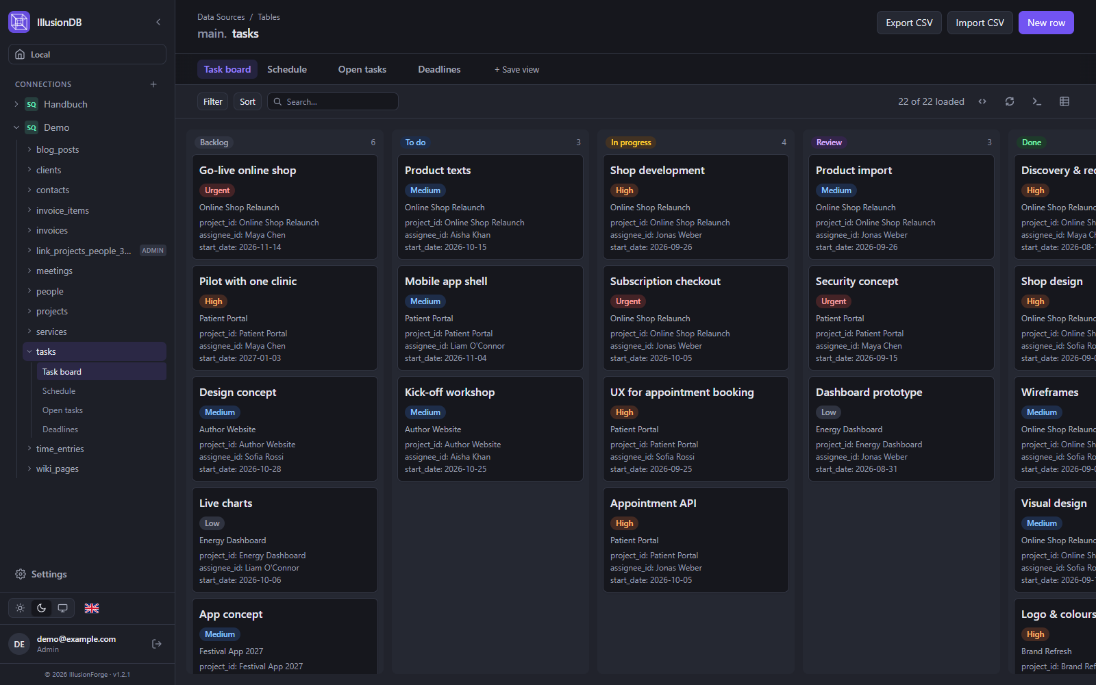 IllusionDB Kanban board: tasks grouped by status from backlog to done