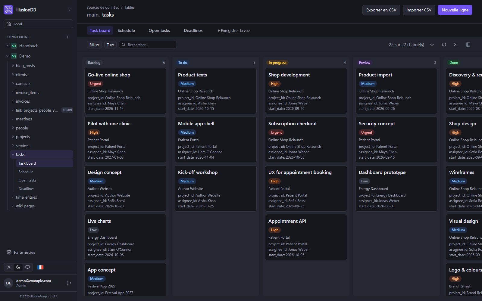Tableau Kanban d’IllusionDB : tâches par statut, du backlog à terminé