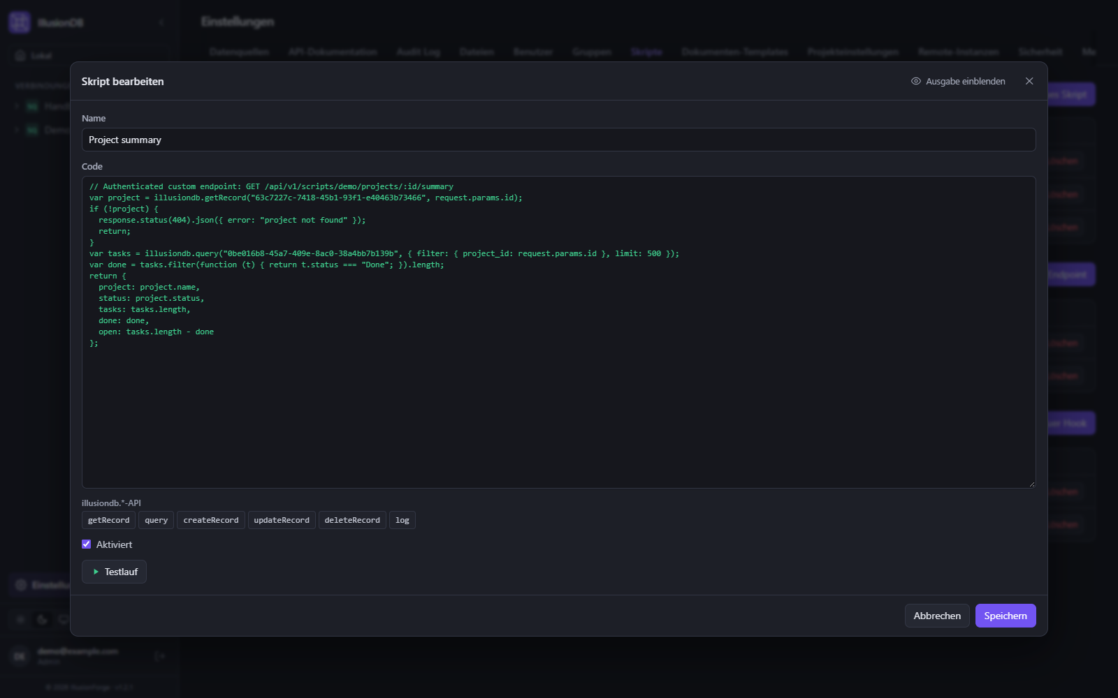 IllusionDB-Skript-Editor: JavaScript für einen eigenen REST-Endpunkt
