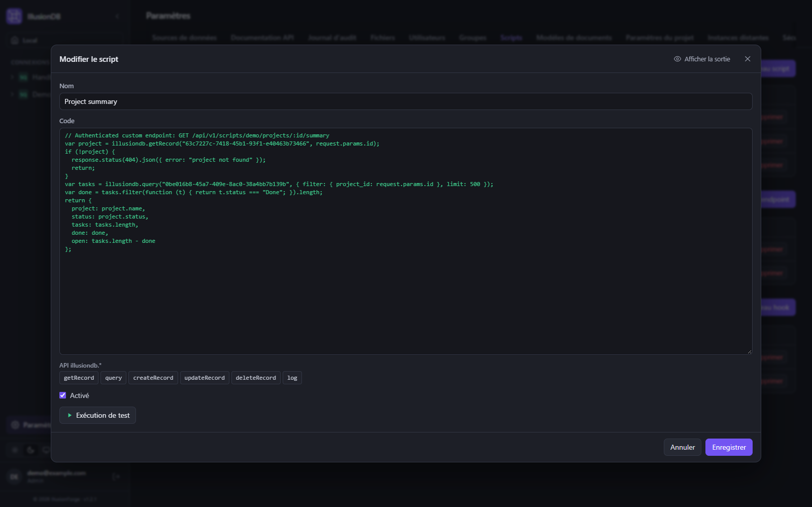 Éditeur de scripts d’IllusionDB : JavaScript pour un endpoint REST personnalisé