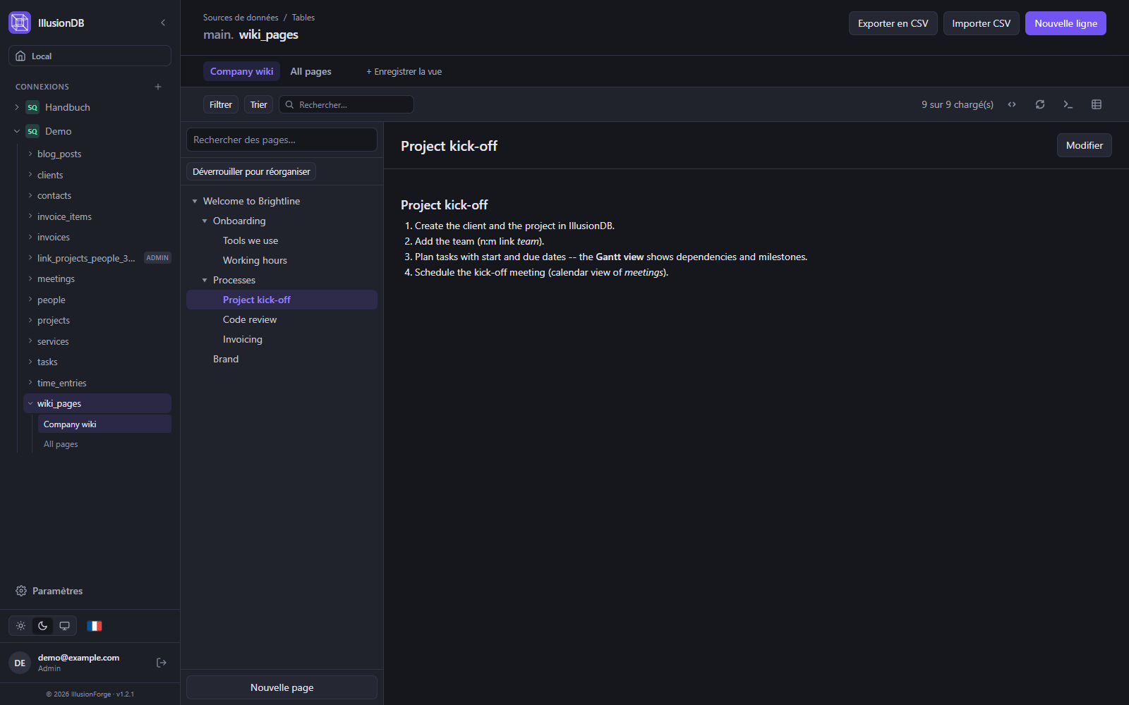 Vue wiki d’IllusionDB : arborescence avec une page de processus ouverte